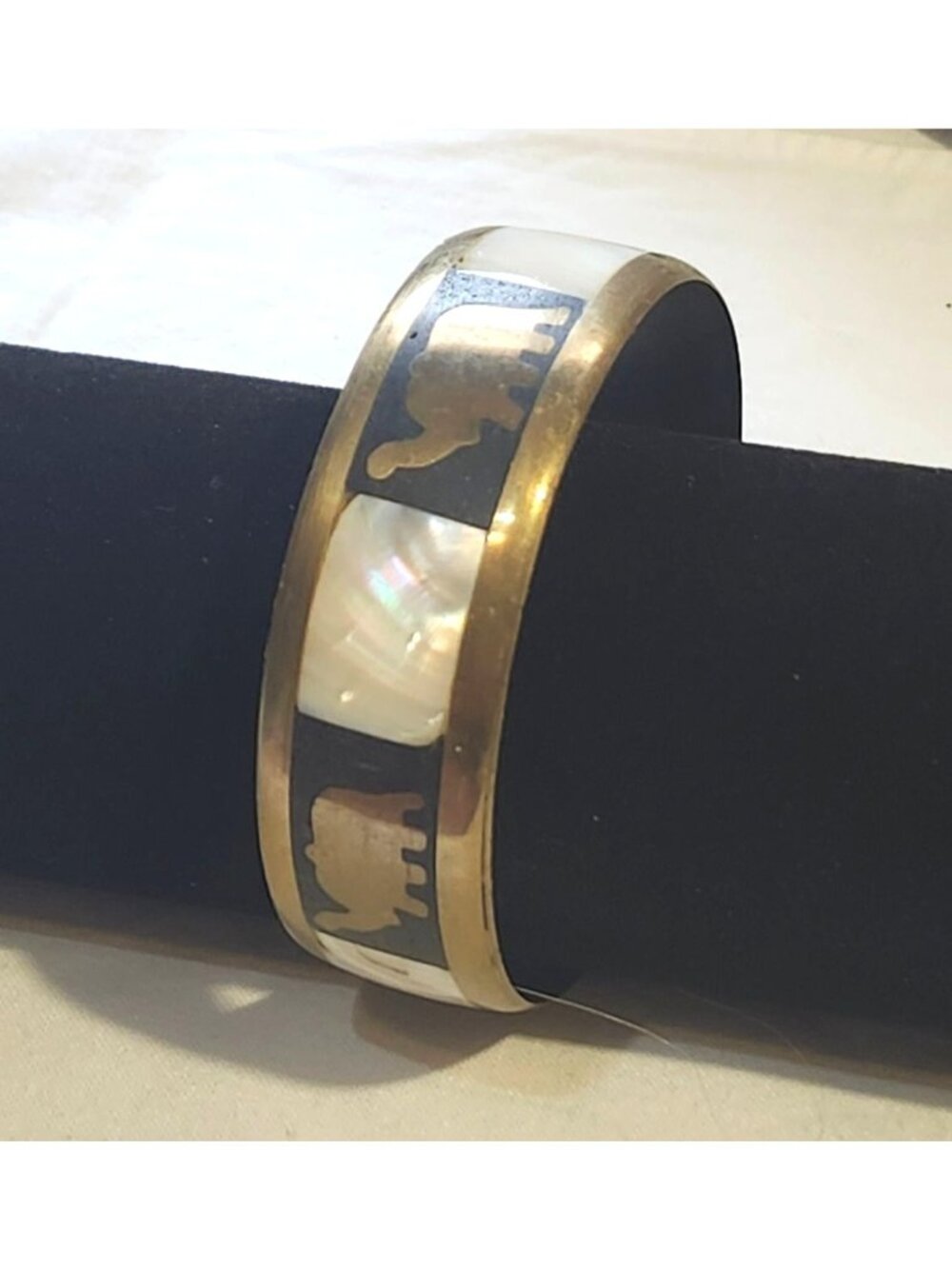 Vintage Brass & Mother Of Pearl Bangle Bracelet With Elephant Inlay Design Made